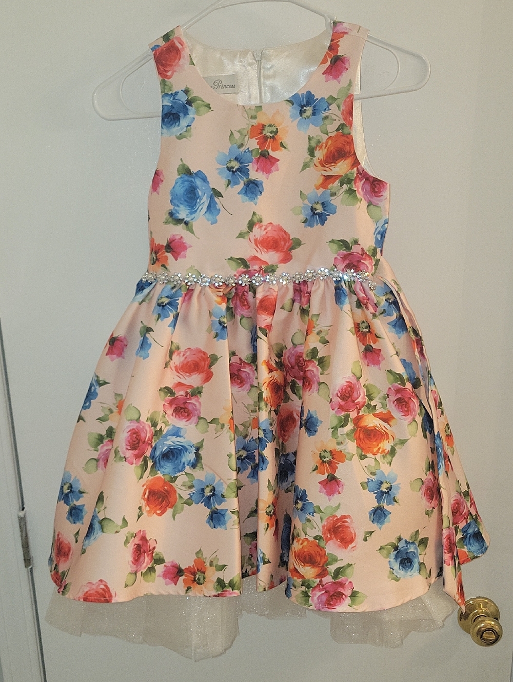 Princess Floral Satin Girls' Dress - Pink with Multicolor Flowers